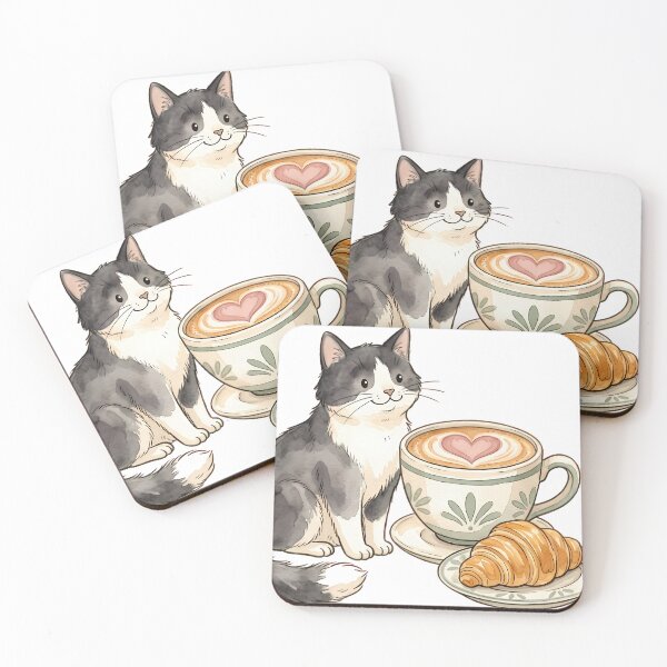 Item preview, Tuxedo Cat with Latte and Croissant designed and sold by alvixVerse Merch.