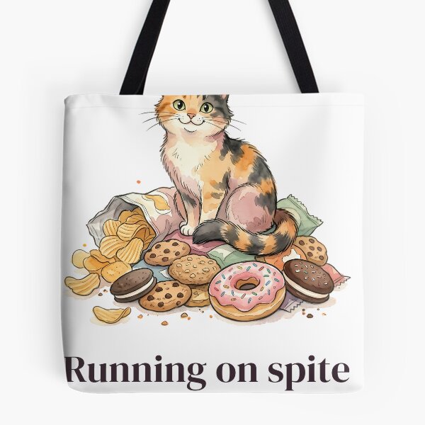 Item preview, Running on Spite and Snacks Funny Calico Cat designed and sold by alvixVerse Merch.