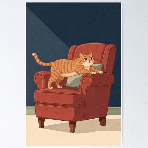 Item preview, Ginger Tabby on Rust-Red Armchair Cat Poster designed and sold by Carnival Studio.