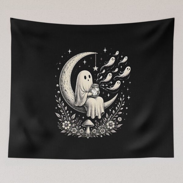Item preview, cute ghost blowing dandelion moon stars designed and sold by hugoinkcoast.