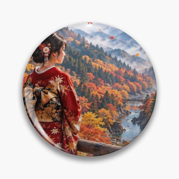 Item preview, Japanese Kimono Woman in a Stunning Autumn Mountain Valley designed and sold by vekotpu.