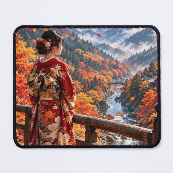 Item preview, Japanese Kimono Woman in a Stunning Autumn Mountain Valley designed and sold by vekotpu.