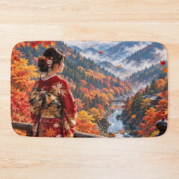 Item preview, Japanese Kimono Woman in a Stunning Autumn Mountain Valley designed and sold by vekotpu.