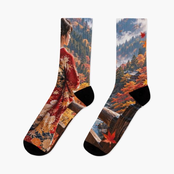 Item preview, Japanese Kimono Woman in a Stunning Autumn Mountain Valley designed and sold by vekotpu.