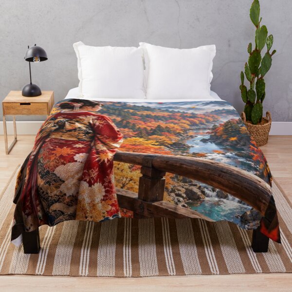 Item preview, Japanese Kimono Woman in a Stunning Autumn Mountain Valley designed and sold by vekotpu.