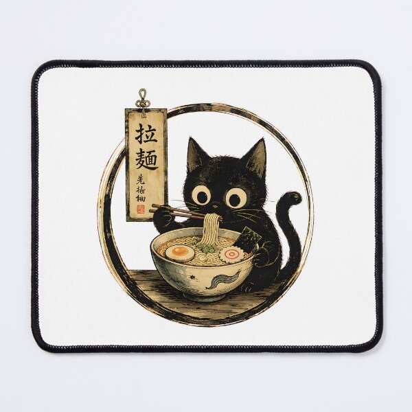 Item preview, cute black cat eating ramen japanese anime style designed and sold by SketchDrSketch.