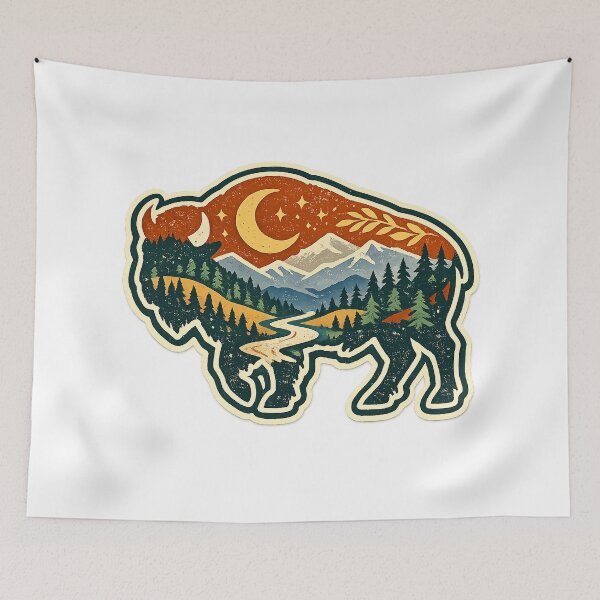 Item preview, Buffalo Mountain Wilderness Retro Nature Silhouette Art Design Print designed and sold by inkoutninja.