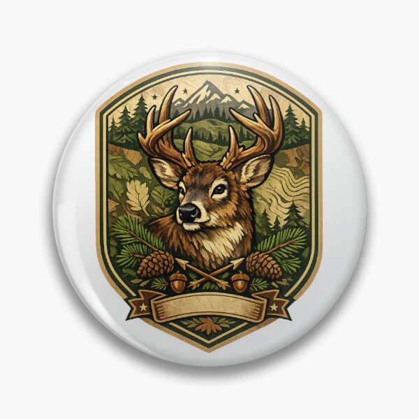 Item preview, Majestic Buck Mountain Wilderness Vintage Deer Outdoor Badge Art designed and sold by inkoutninja.