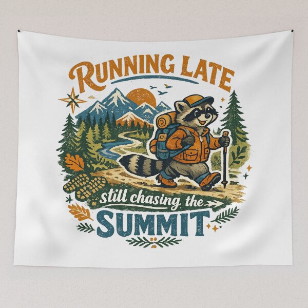 Item preview, Running Late Still Chasing the Summit Funny Raccoon Hiking Adventure Art designed and sold by inkoutninja.