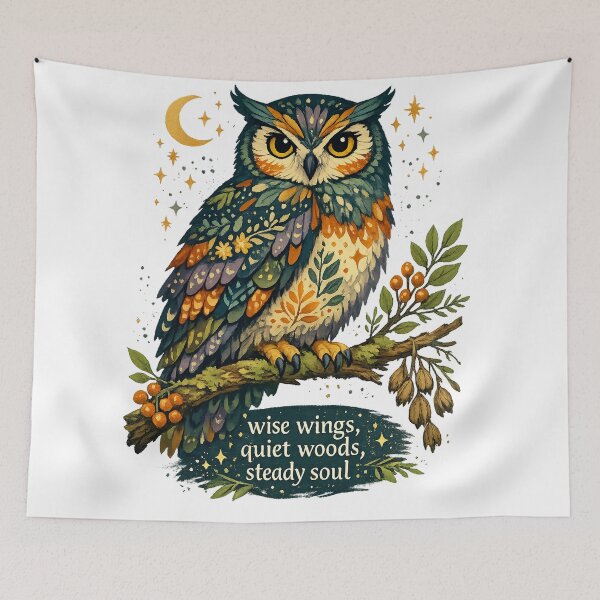 Item preview, Wise Wings Quiet Woods Steady Soul Owl Cottagecore Nature Art designed and sold by inkoutninja.