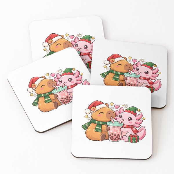 Item preview, Christmas Capybara and Axolotl Sharing Bubble Tea designed and sold by skyartdesign.