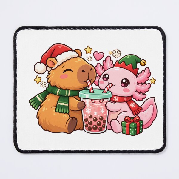 Item preview, Christmas Capybara and Axolotl Sharing Bubble Tea designed and sold by skyartdesign.