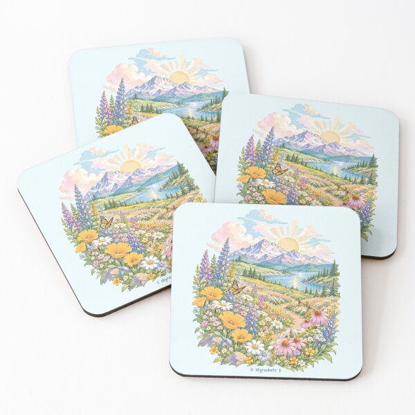 Item preview, Wildflowers Mountain Sunrise Meadow Illustration designed and sold by Skyrocketz.