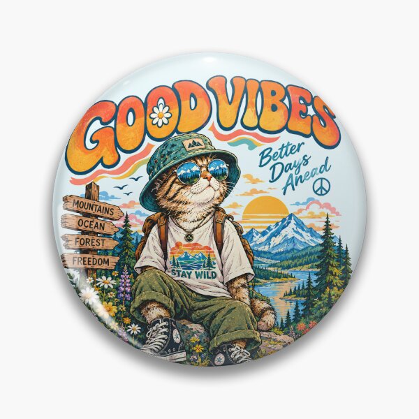 Item preview, Good Vibes Hiking Cat Retro Outdoor Adventure designed and sold by Skyrocketz.