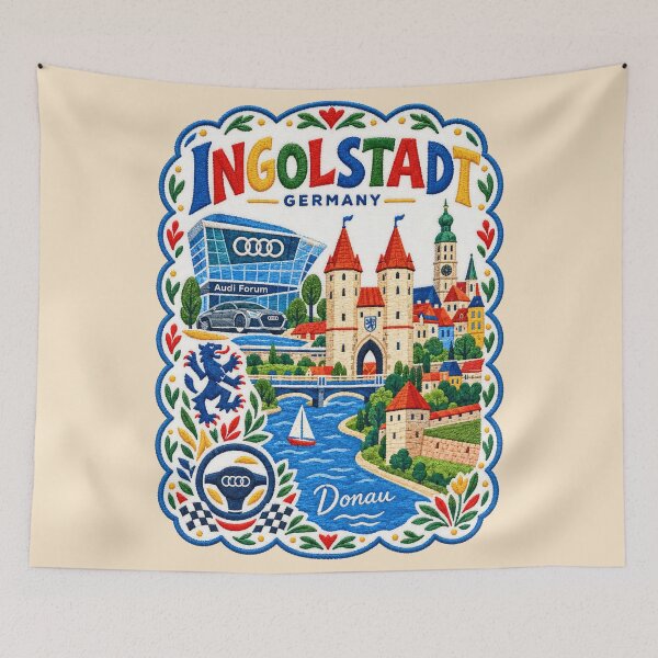 Item preview, Ingolstadt Germany Kreuztor and Automotive Heritage Embroidered Travel Art designed and sold by Witsprings.