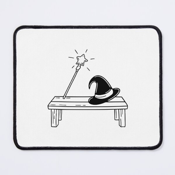 Item preview, An illustration of wand next to a wizard hat on a bench designed and sold by rasagamastore.