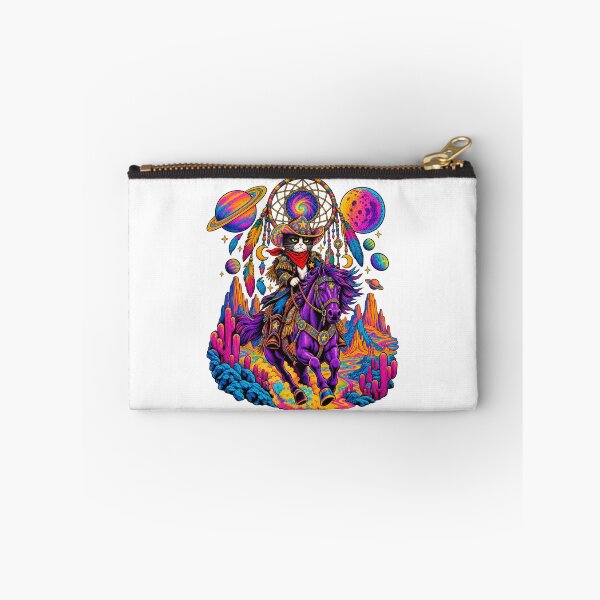 Aperçu de l'œuvre Psychedelic Cowboy Cat Riding a Purple Horse – Cosmic Western Pop Art créée et vendue par UrbanStatic.