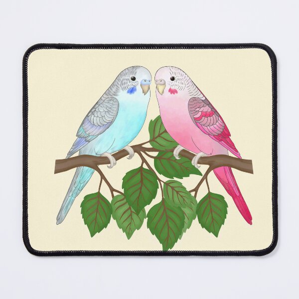 Item preview, Cute Blue and Pink Budgie Couple on a Branch – Adorable Parakeet Pair designed and sold by LiudmylaMaika.