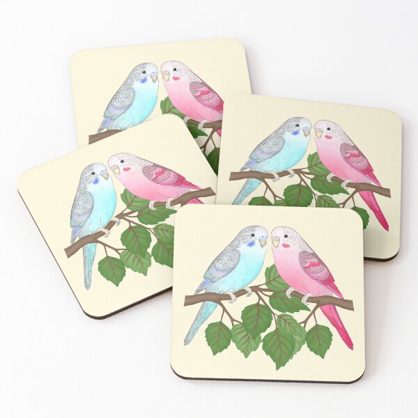 Item preview, Cute Blue and Pink Budgie Couple on a Branch – Adorable Parakeet Pair designed and sold by LiudmylaMaika.