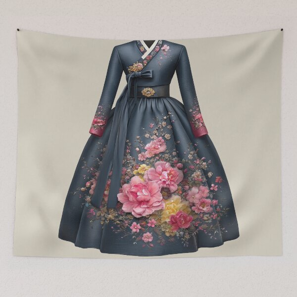 Item preview, Elegant Dark Blue Floral Hanbok Dress Art designed and sold by colorful-white.