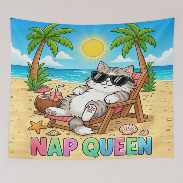 Item preview, Nap Queen Kam Kam Cat - Tropical Beach Vacation Art designed and sold by PetalsPaws.