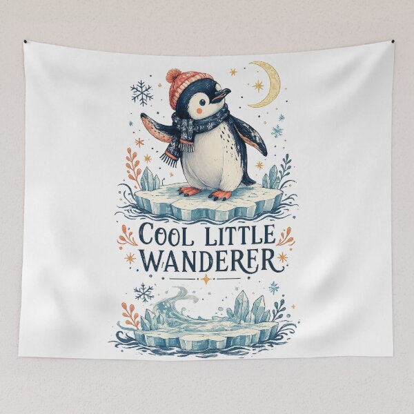 Item preview, Cool Little Wanderer Cute Penguin Winter Adventure Art Design Print designed and sold by inkoutninja.