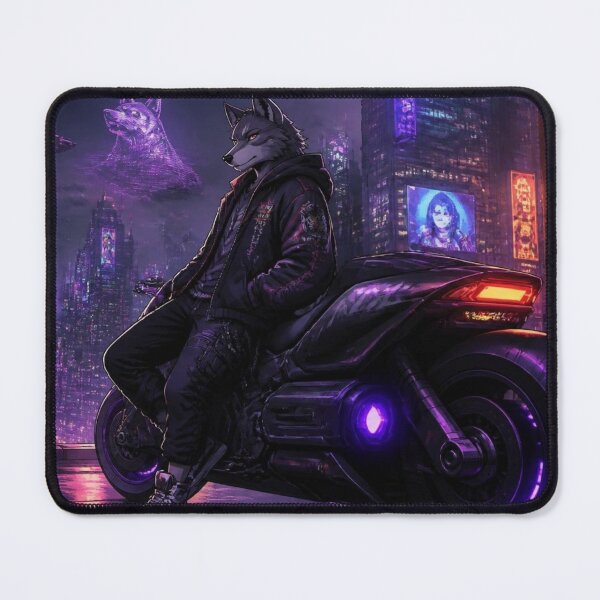 Item preview, Cyberpunk Wolf Motorcycle Tokyo Skyline Gaming Desk Mat designed and sold by LazyDayzCo.