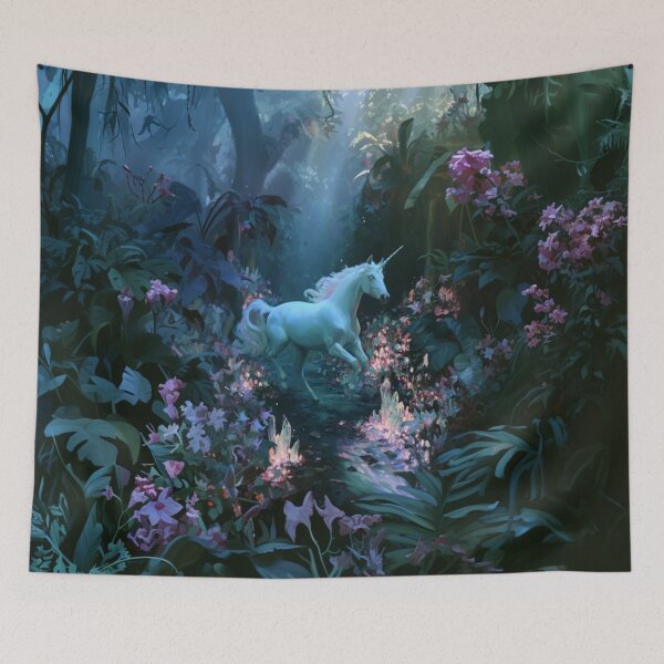 Item preview, A graceful Unicorn galloping through an enchanted forest filled with glowing flowers and crystal streams beneath moonlight, Fantasy & Mythological Creatures designed and sold by CDC40.