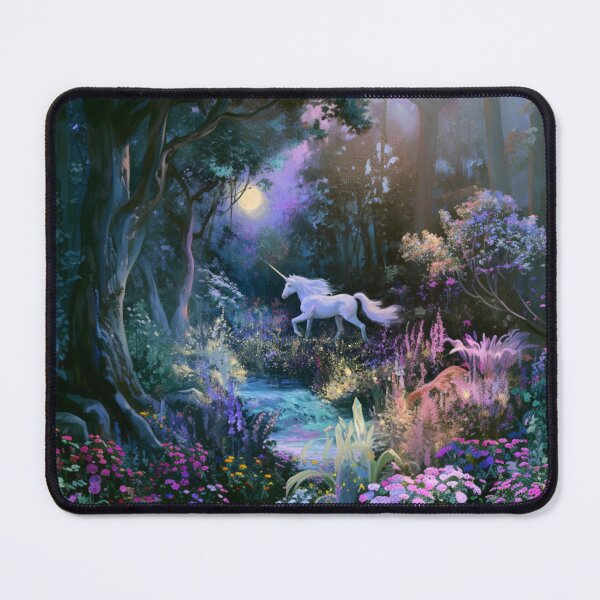 Item preview, A graceful Unicorn galloping through an enchanted forest filled with glowing flowers and crystal streams beneath moonlight, Fantasy & Mythological Creatures designed and sold by CDC40.