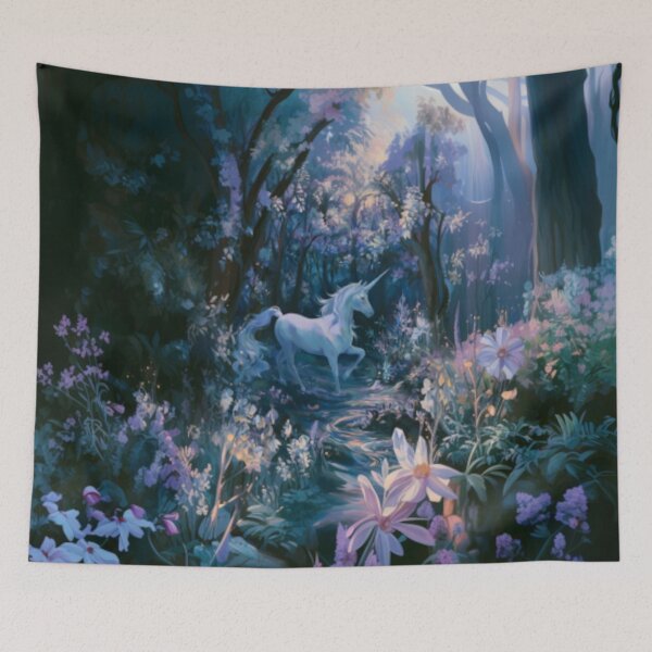 Item preview, A graceful Unicorn galloping through an enchanted forest filled with glowing flowers and crystal streams beneath moonlight, Fantasy & Mythological Creatures designed and sold by CDC40.