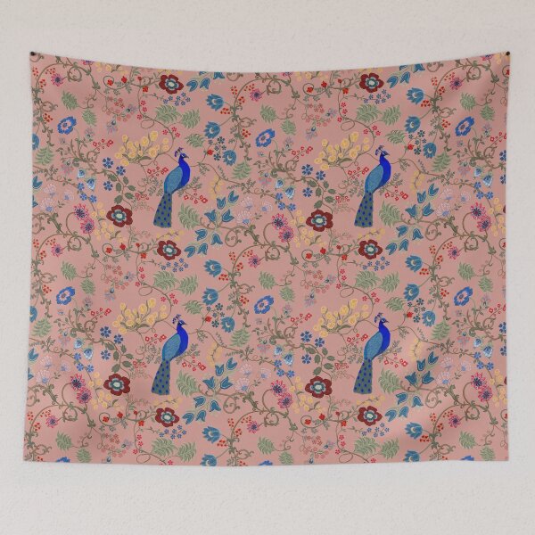 Item preview, Chintz Revival Blue Peacock Floral on Peach designed and sold by The Flying Bunny Studio.