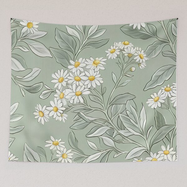 Item preview, White Bush Daisy & Foliage Soft Sage Floral Pattern designed and sold by Studio BC.