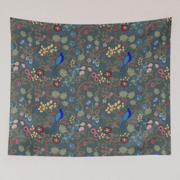 Item preview, Chintz Revival Blue Peacock Floral on Deep Green designed and sold by The Flying Bunny Studio.