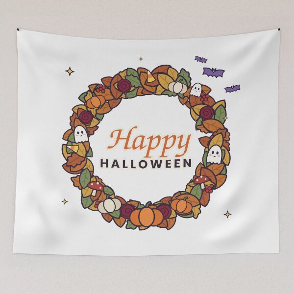 Item preview, Happy Halloween Wreath – Autumn Leaves, Pumpkins, Roses and Cute Ghosts designed and sold by Aurora Prints.