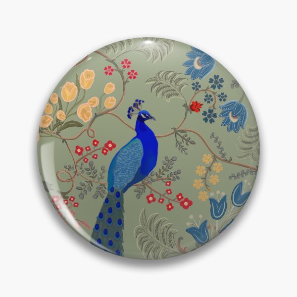 Item preview, Chintz Revival Blue Peacock Floral on Light Green designed and sold by The Flying Bunny Studio.