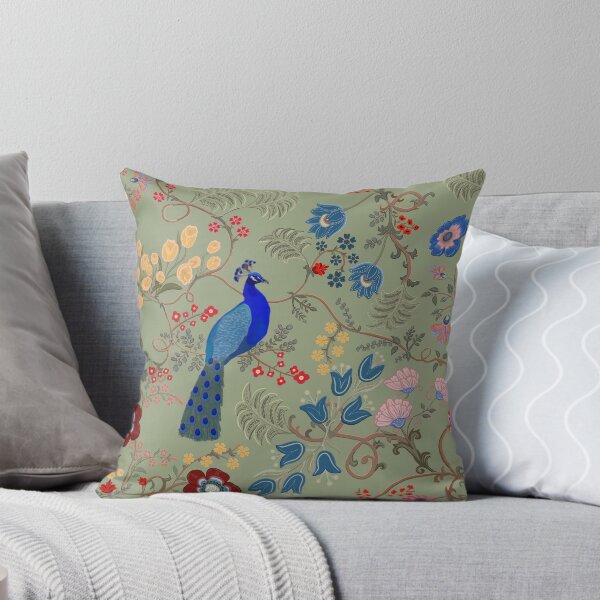 Item preview, Chintz Revival Blue Peacock Floral on Light Green designed and sold by The Flying Bunny Studio.