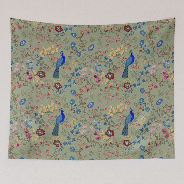 Item preview, Chintz Revival Blue Peacock Floral on Light Green designed and sold by The Flying Bunny Studio.