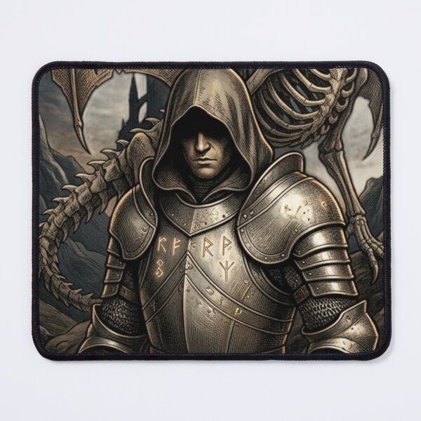 Item preview, Dark Fantasy Hooded Knight & Skeletal Wyvern Dragon Engraving designed and sold by InnerwayStudio.