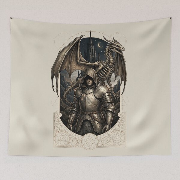 Item preview, Dark Fantasy Hooded Knight & Skeletal Wyvern Dragon Engraving designed and sold by InnerwayStudio.