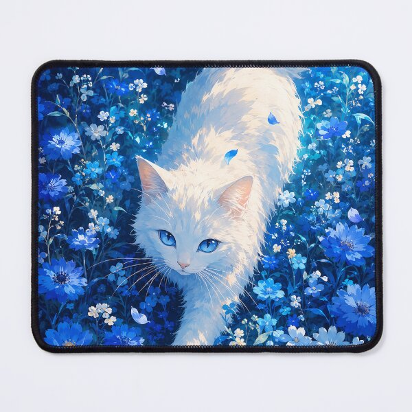 Item preview, White Cat in a Blue Flower Field designed and sold by elarisstudio.