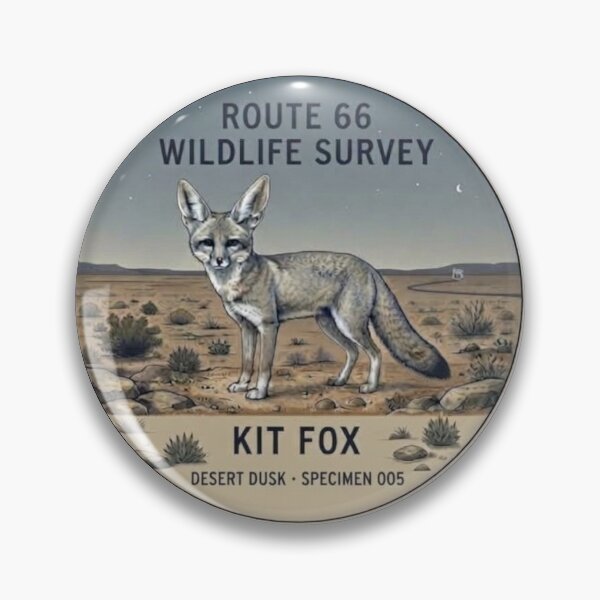 Item preview, Kit Fox Desert Dusk Route 66 Wildlife Badge designed and sold by CalmCapy Co.