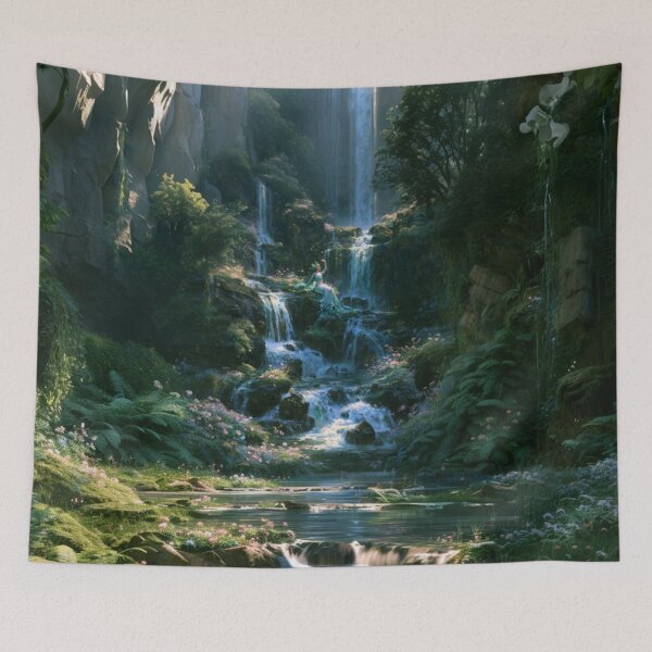 Item preview, A graceful Water Nymph dancing beside crystal waterfalls surrounded by lush greenery and blooming wildflowers, Fantasy & Mythological Creatures designed and sold by CDC40.