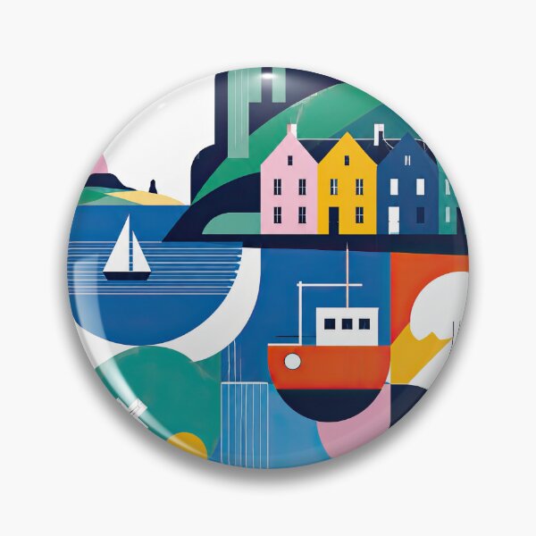 Item preview, Colorful geometric poster featuring a coastal harbor with designed and sold by ckybe.