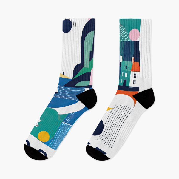 Item preview, Colorful geometric poster featuring a coastal harbor with designed and sold by ckybe.