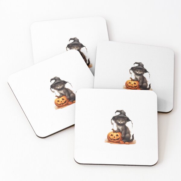 Item preview, cute Halloween cat with witch hat and pumpkin designed and sold by stileepensieri.