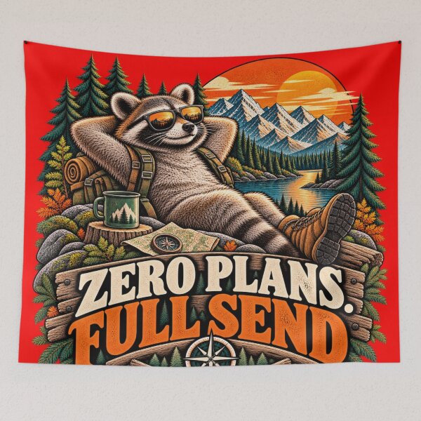 Item preview, Zero Plans Full Send – Funny Raccoon Retro Outdoor Adventure designed and sold by JanRizz.