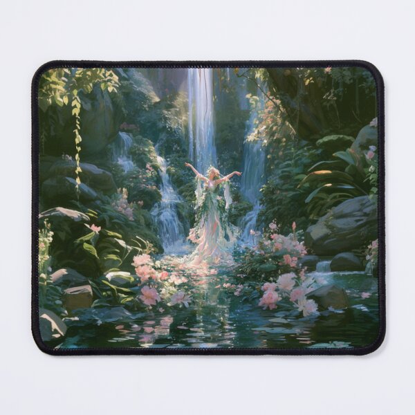 Item preview, A graceful Water Nymph dancing beside crystal waterfalls surrounded by lush greenery and blooming wildflowers, Fantasy & Mythological Creatures designed and sold by CDC40.