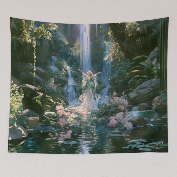 Item preview, A graceful Water Nymph dancing beside crystal waterfalls surrounded by lush greenery and blooming wildflowers, Fantasy & Mythological Creatures designed and sold by CDC40.