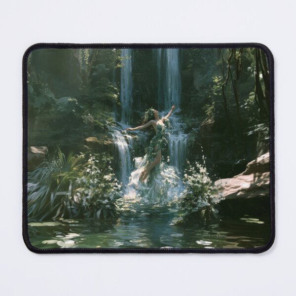 Item preview, A graceful Water Nymph dancing beside crystal waterfalls surrounded by lush greenery and blooming wildflowers, Fantasy & Mythological Creatures designed and sold by CDC40.