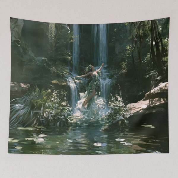 Item preview, A graceful Water Nymph dancing beside crystal waterfalls surrounded by lush greenery and blooming wildflowers, Fantasy & Mythological Creatures designed and sold by CDC40.